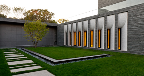 Garden Mausoleum by HGA features rough granite, white marble and gleaming onyx