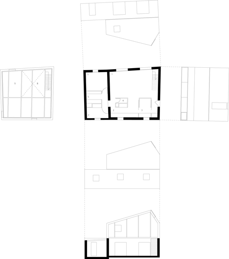 Floor plan of M03 house renovation by BAST contrasts old brick base with new metal extension