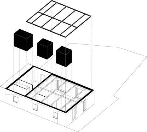 Exploded view two of M03 house renovation by BAST contrasts old brick base with new metal extension