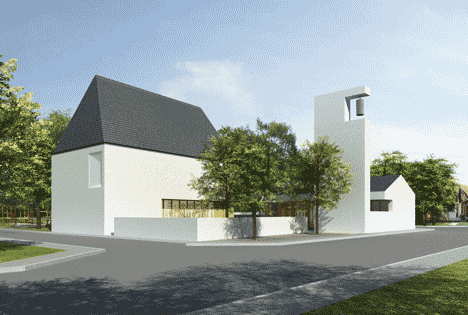 Church congregation hall by SAGRA Architects features a towering white bell tower