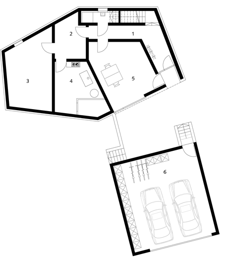 Basement plan of s_DenK house by SoHo Architektur has a kinked facade