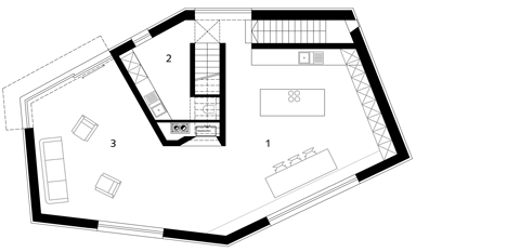 Ground floor plan of s_DenK house by SoHo Architektur has a kinked facade