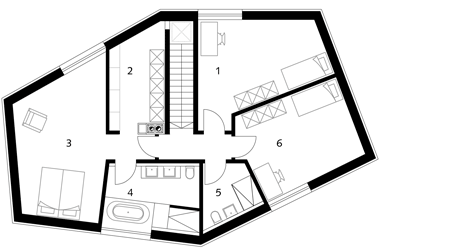 First floor plan of s_DenK house by SoHo Architektur has a kinked facade