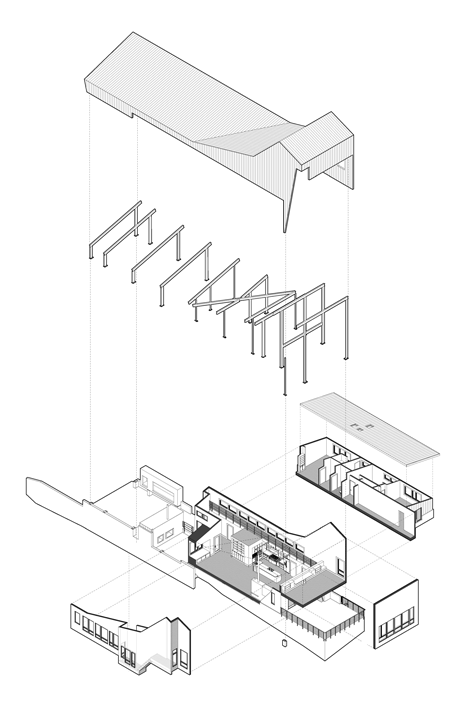 Exploded axonometric diagram of Angular metal roof wraps around a hilltop house by deMx architecture