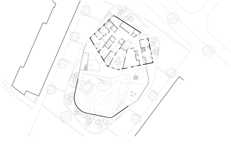 Ground floor plan of Behnisch Architektens kindergarten nestles in new Heidelberg plaza