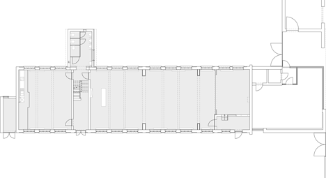 Ground floor plan before renovation of Community Centre Woesten by Atelier Tom Vanhee has a contrasting gabled extension