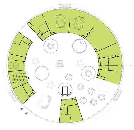 Ground floor plan of Ecological university building by BDG Architects features a cylindrical facade