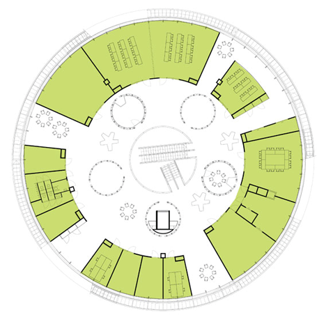 First floor plan of Ecological university building by BDG Architects features a cylindrical facade