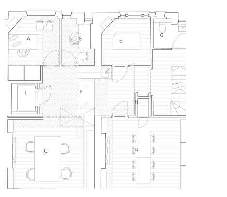 First floor plan of Edwardian townhouse renovation by Studio Octopi features windows in the floors