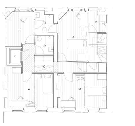 Second floor plan of Edwardian townhouse renovation by Studio Octopi features windows in the floors