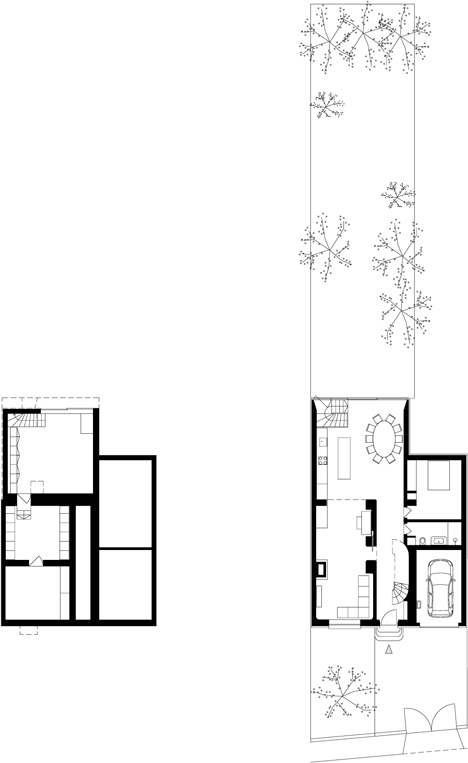 Basement and ground floor plans of Maison a Vincennes by Atelier Zundel Cristea features glass-walled extension