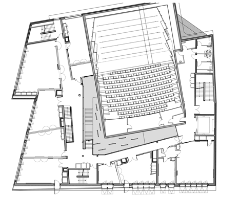 Ground floor plan of Music conservatory in Paris with cantilevered studios by Basalt Architecture