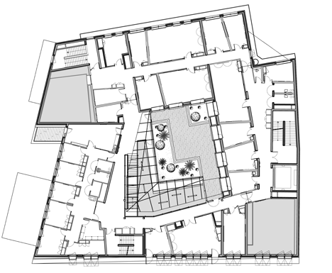 First floor plan of Music conservatory in Paris with cantilevered studios by Basalt Architecture