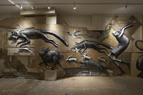 Graffiti fantasy creatures by Phlegm exhibited in east London