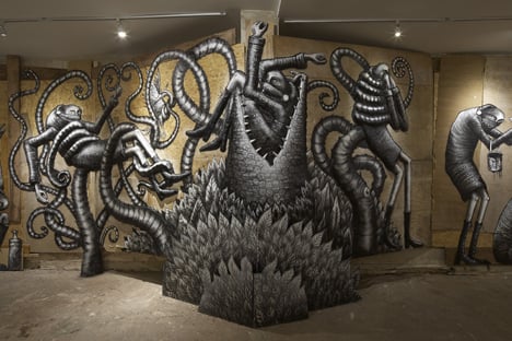 Graffiti fantasy creatures by Phlegm exhibited in east London