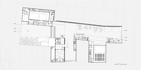 Ground floor plan of Praca das Artes by Brasil Arquitetura features concrete boxes projecting over a public plaza