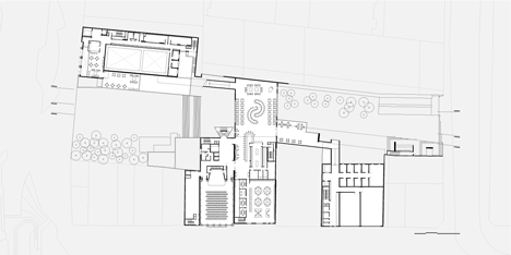 First floor plan of Praca das Artes by Brasil Arquitetura features concrete boxes projecting over a public plaza