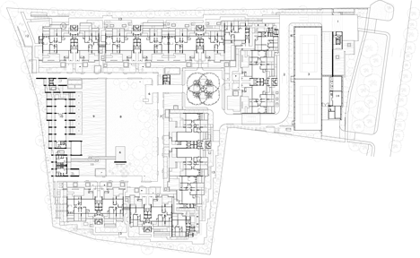 Site plan of Raised outdoor cabins connected to Goodwood Residence apartments by WOHA