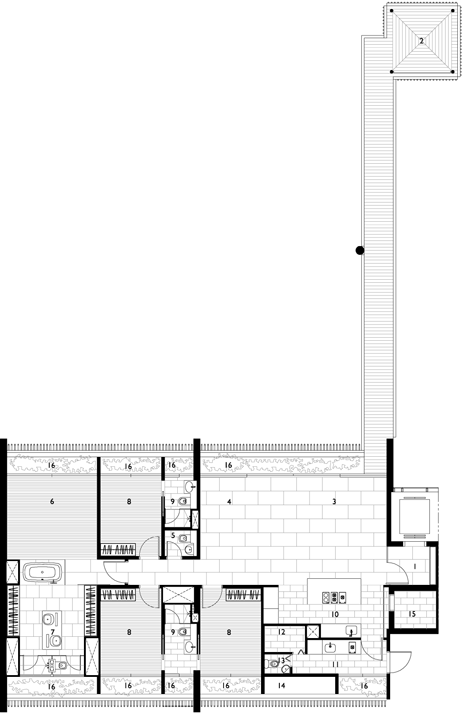 Cabana four bedroom unit floor plan of Raised outdoor cabins connected to Goodwood Residence apartments by WOHA