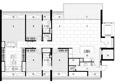 Typical four bedroom unit plan of Raised outdoor cabins connected to Goodwood Residence apartments by WOHA