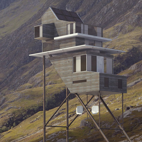 Fantasy house by Benoit Challand perched on stilts in the Scottish highlands