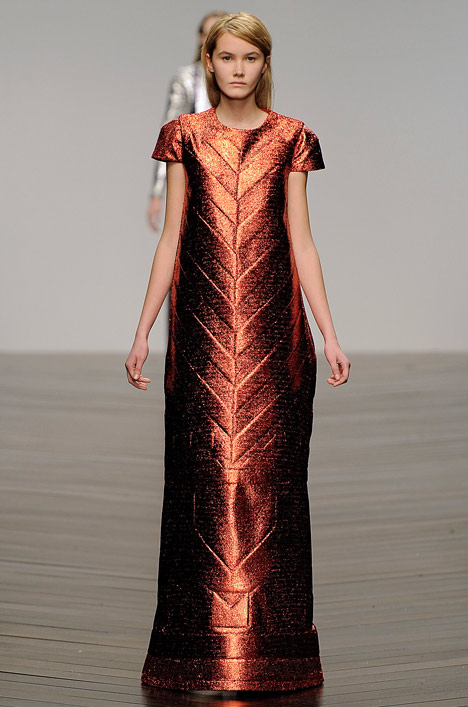 Futuristic gowns formed from metallic neoprene by Sadie Williams
