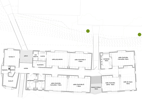Floor plan of School building clad in chestnut tiles by Dauphins