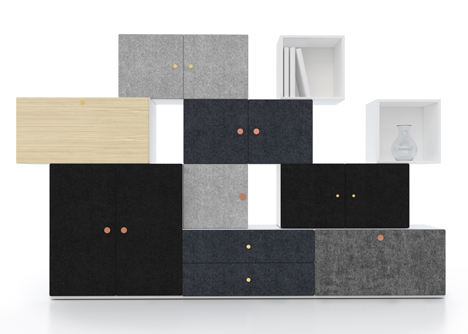 Front designs Tetris storage system made of stacking blocks