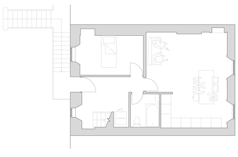 Ground floor plan of Zinc-clad loft extension by Konishi Gaffney creates an extra bedroom