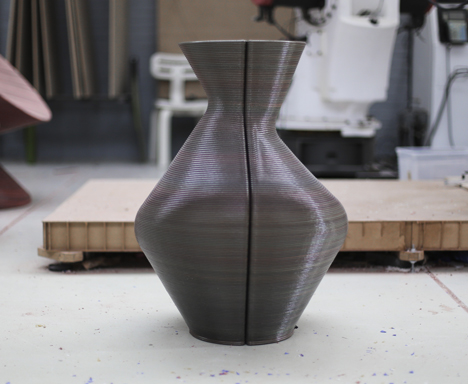 Dirk Vander Kooij uses a robotic arm to print vases from scrap plastic