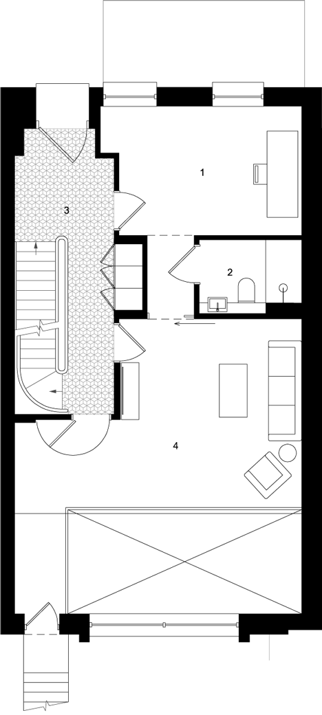 Ground floor plan of Curvacious oak staircase ascends through converted London convent by John Smart Architects