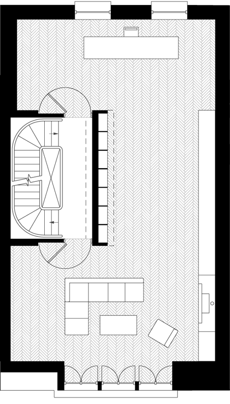 First floor plan of Curvacious oak staircase ascends through converted London convent by John Smart Architects