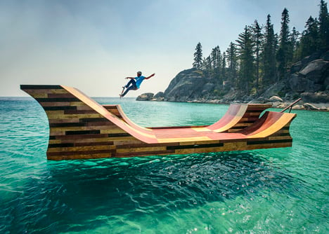 Floating skateboard ramp on Lake Tahoe by Jeff Blohm and Jeff King