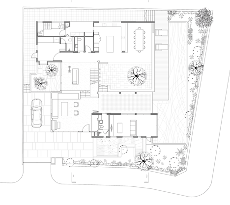 Ground floor plan of Formwerkz Architects house extension features cantilevered concrete box