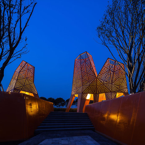Perforated metal pavilions by Martha Schwartz Partners rise above Fengming Mountain Park