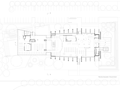 Ground floor plan of Lofty church in Quebec transformed into a library by Dan Hanganu and Cote Leahy Cardas
