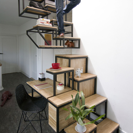 Suspended staircase combined with desk and storage space by Mieke Meijer