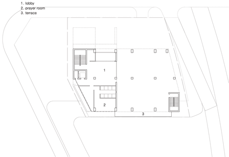 Ground floor plan of Nameless Architecture adds concrete church to growing Korean town