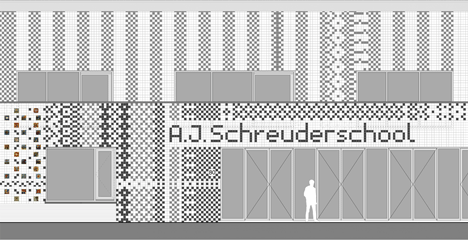 Facade of School in Rotterdam decorated with tiles based on traditional Dutch patterns