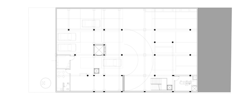 Basement plan of Shiny metal box hovers above shopping and restaurant complex by Triptyque
