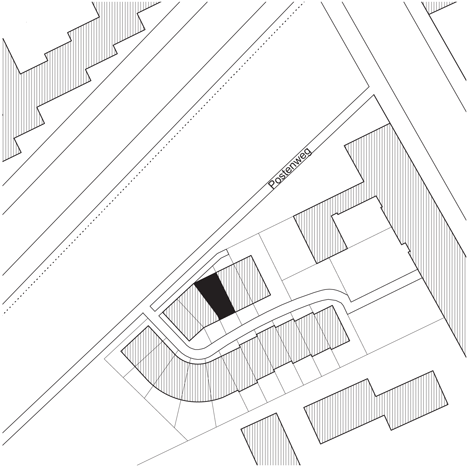 Site plan of Townhouse B14 by XTH-berlin has slanted walls and doors