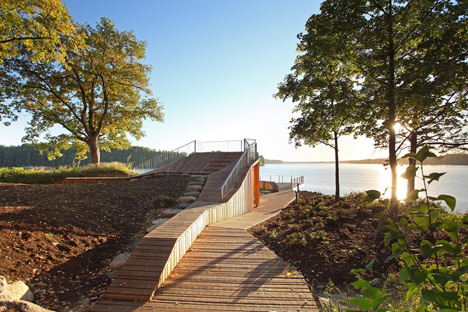 Wooden viewing platform looks out over Latvia's River Daugava