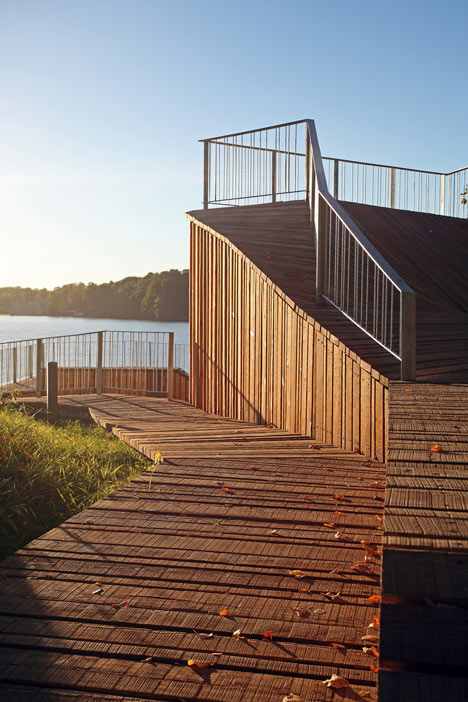 Wooden viewing platform looks out over Latvia's River Daugava