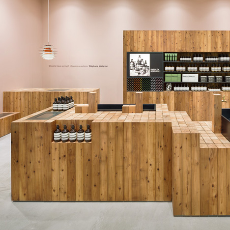 Torafu Architects uses Japanese cedar columns for fifth Aesop shop interior 