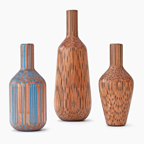 Tuomas Markunpoika mills coloured pencils to create Amalgamated vases