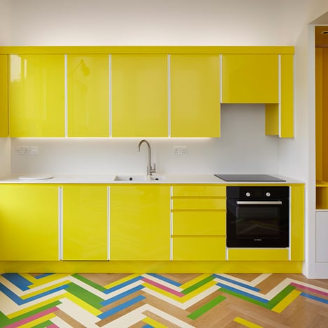 Alma-nac renovates London apartments with colourful herringbone patterns