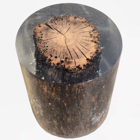 Alcarol traps natural materials in resin to&ltbr /&gt form New Visions furniture collection