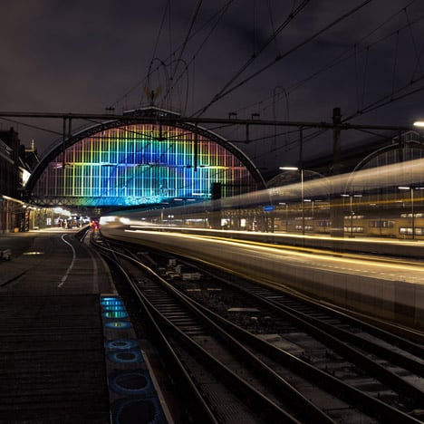 Daan Roosegaarde lights up Amsterdam station with rainbow projection