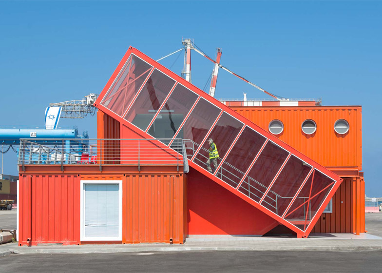 Angled shipping container houses stairs for office by Potash