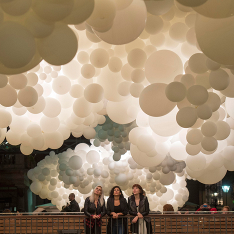 French artist Charles Pétillon installed a giant cloud of balloons under the roof of the 19th-century Market Building in London's Covent Garden.